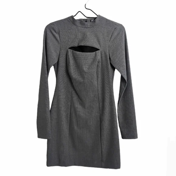 Zara gray front chest cut out Houndstooth sheath mini dress long sleeves size S - Picture 2 of 12
